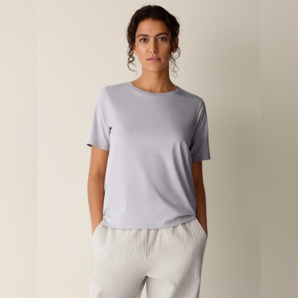 NWT Eileen Fisher Organic Pima Cotton Jersey Round Neck Tee in Chalk